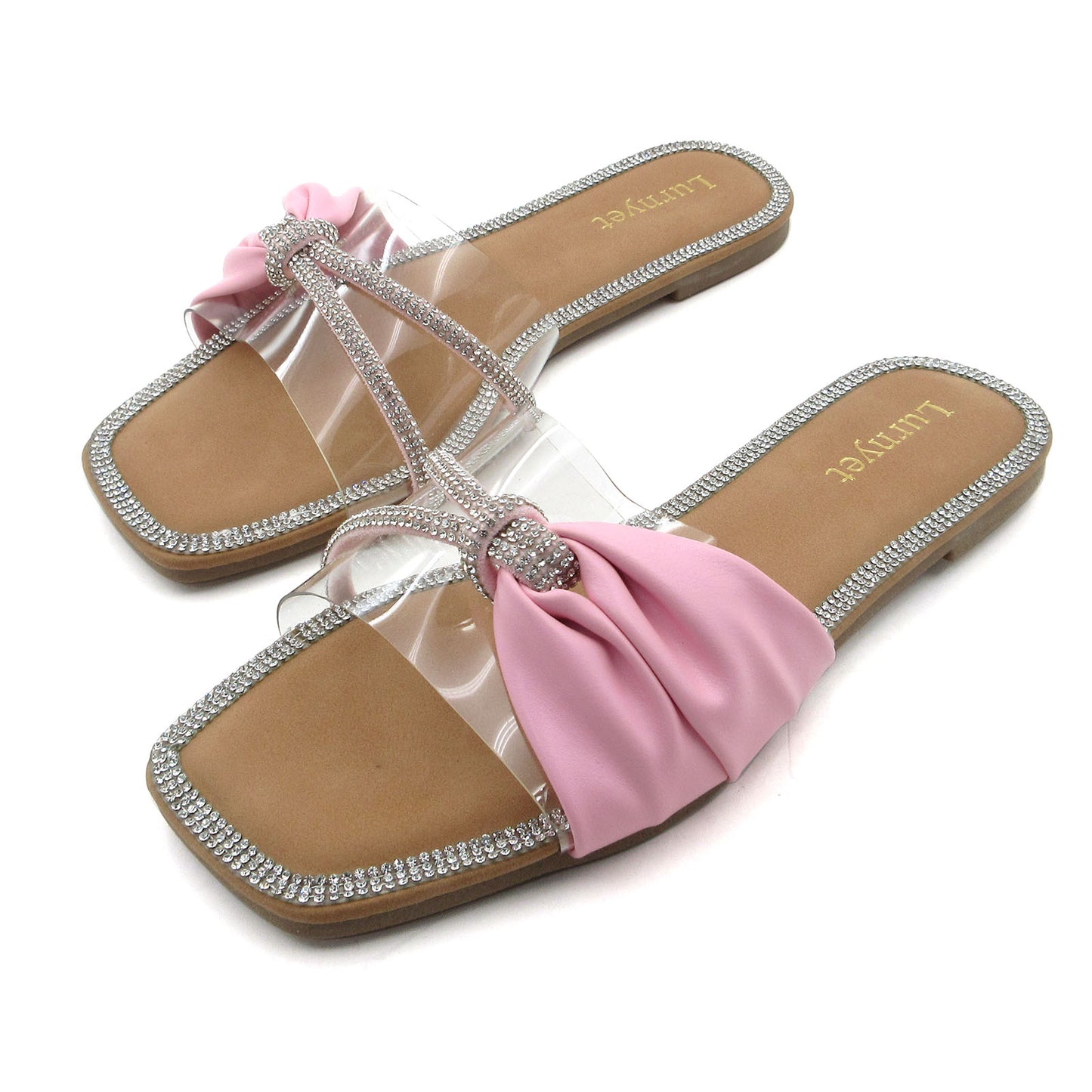 Women's Crystal-Embellished Comfort Cushion Slide Sandals with Bow Detail Clear Strap, Rhinestone Trim: Perfect for Parties, Gatherings, Casual Wear, Vacations, and Beach Days