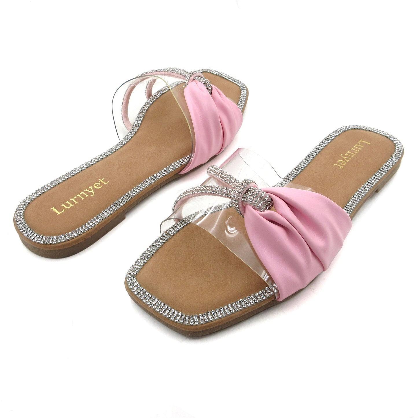 Women's Crystal-Embellished Comfort Cushion Slide Sandals with Bow Detail Clear Strap, Rhinestone Trim: Perfect for Parties, Gatherings, Casual Wear, Vacations, and Beach Days