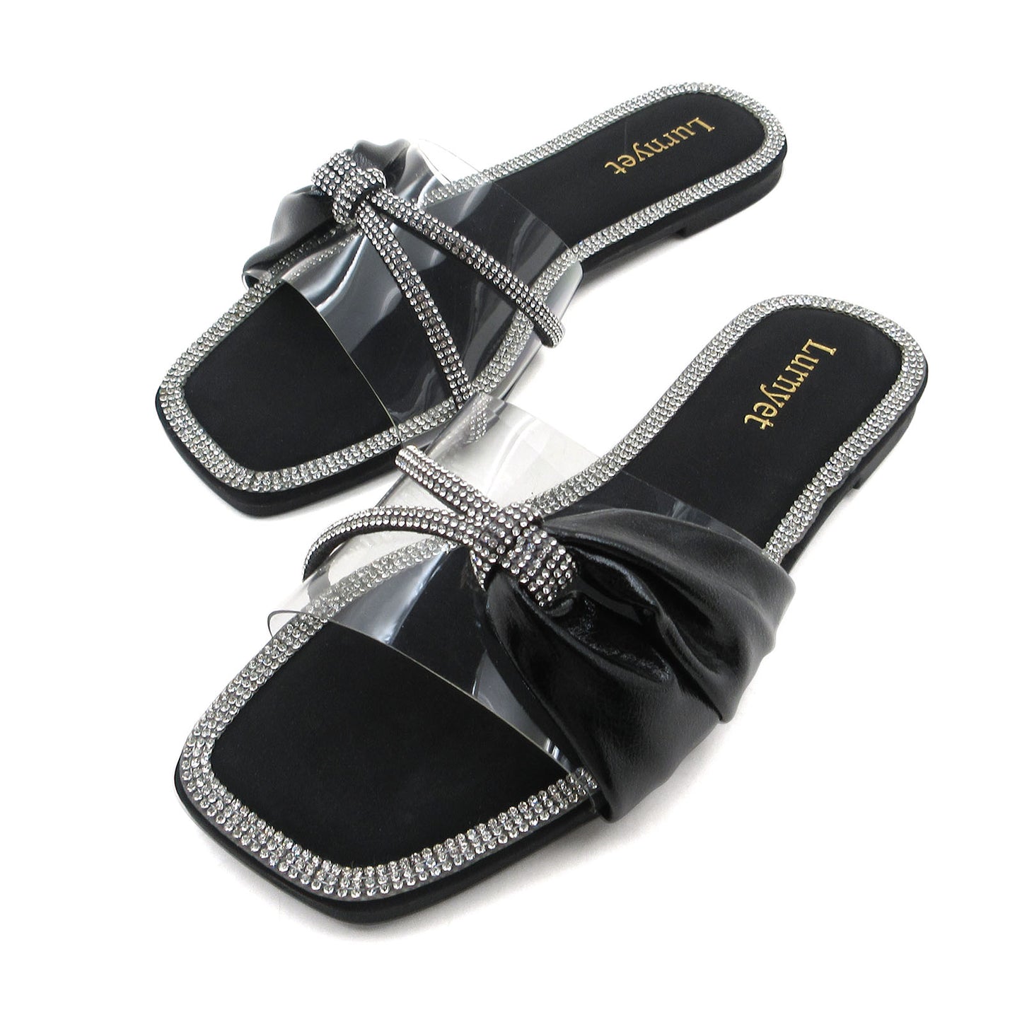 Women's Crystal-Embellished Comfort Cushion Slide Sandals with Bow Detail Clear Strap, Rhinestone Trim: Perfect for Parties, Gatherings, Casual Wear, Vacations, and Beach Days
