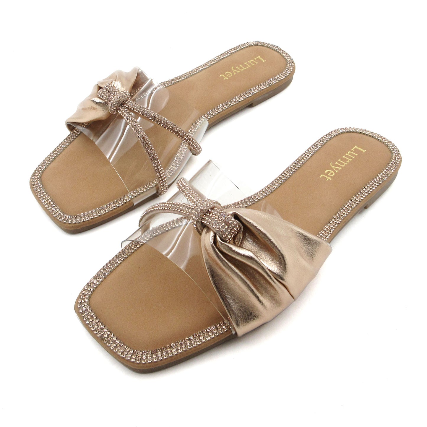 Women's Crystal-Embellished Comfort Cushion Slide Sandals with Bow Detail Clear Strap, Rhinestone Trim: Perfect for Parties, Gatherings, Casual Wear, Vacations, and Beach Days