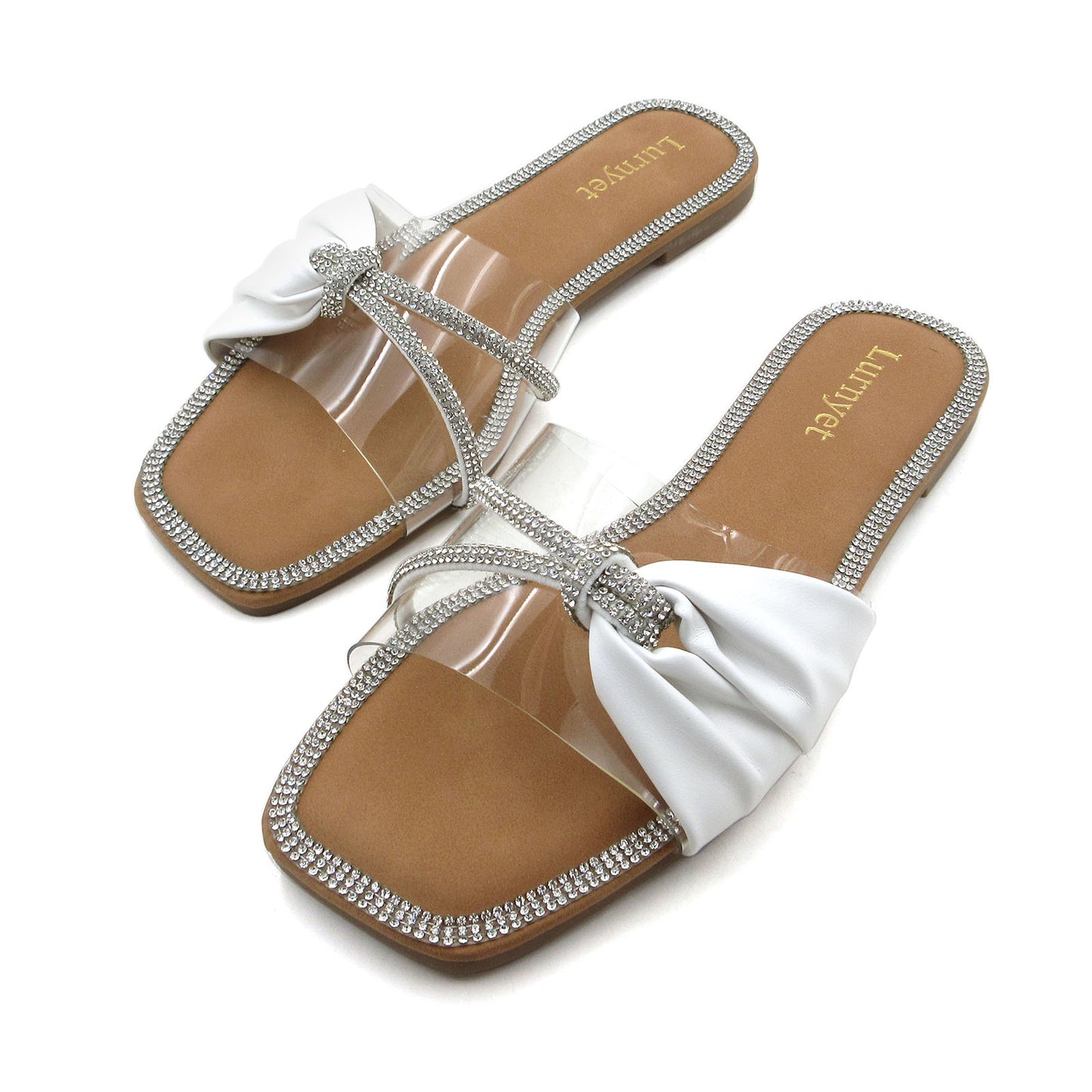 Women's Crystal-Embellished Comfort Cushion Slide Sandals with Bow Detail Clear Strap, Rhinestone Trim: Perfect for Parties, Gatherings, Casual Wear, Vacations, and Beach Days