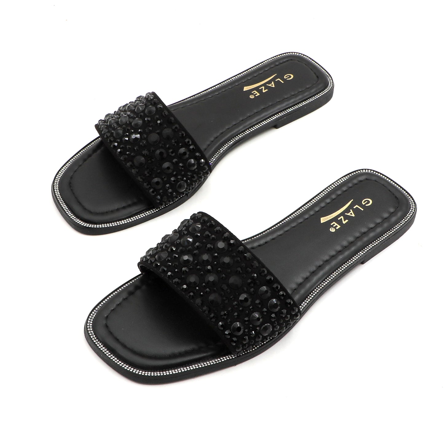 Women's Sparkle Pearl Flat Sandals Fashion Square Open Toe Jeweled Slides Slip on Rhinestone Bling Slippers
