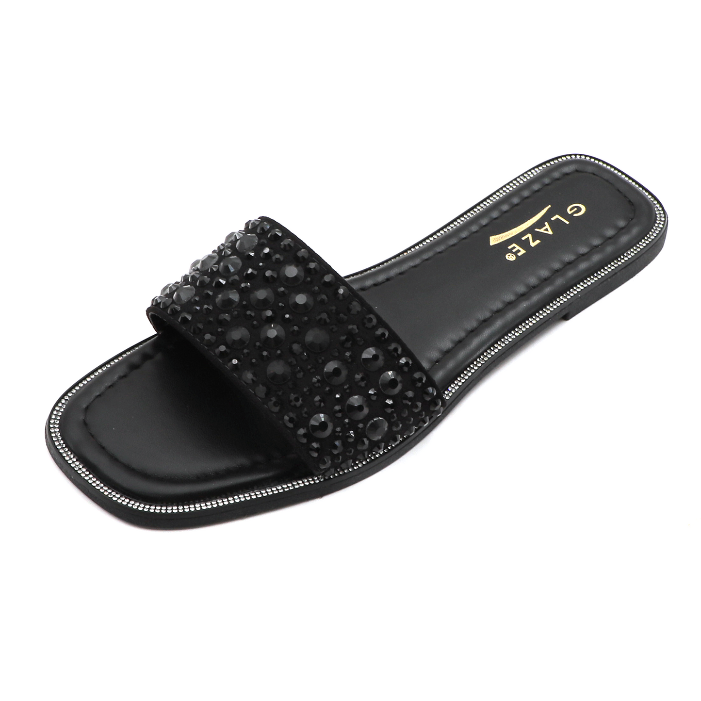 Women's Sparkle Pearl Flat Sandals Fashion Square Open Toe Jeweled Slides Slip on Rhinestone Bling Slippers