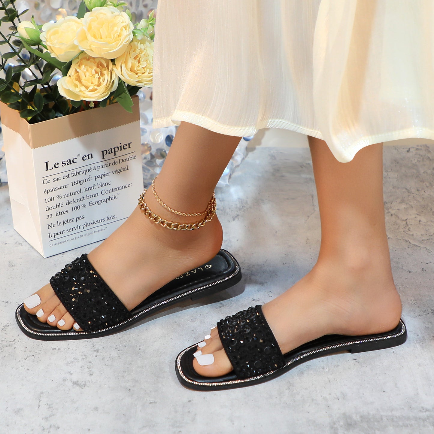 Women's Sparkle Pearl Flat Sandals Fashion Square Open Toe Jeweled Slides Slip on Rhinestone Bling Slippers