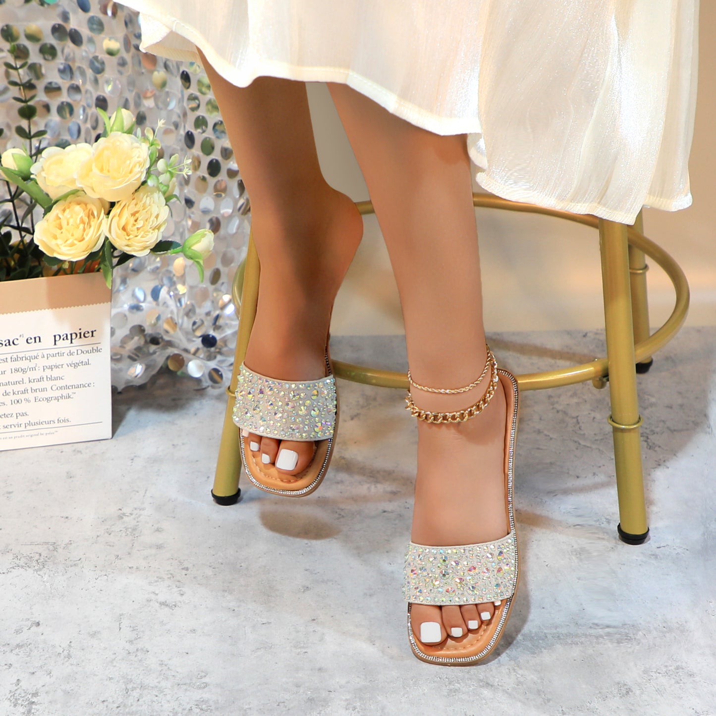 Women's Sparkle Pearl Flat Sandals Fashion Square Open Toe Jeweled Slides Slip on Rhinestone Bling Slippers