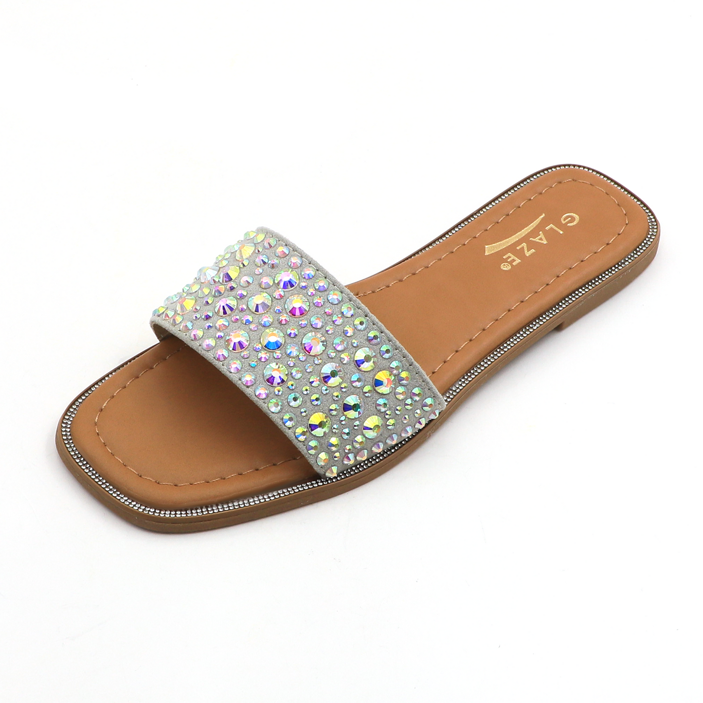 Women's Sparkle Pearl Flat Sandals Fashion Square Open Toe Jeweled Slides Slip on Rhinestone Bling Slippers