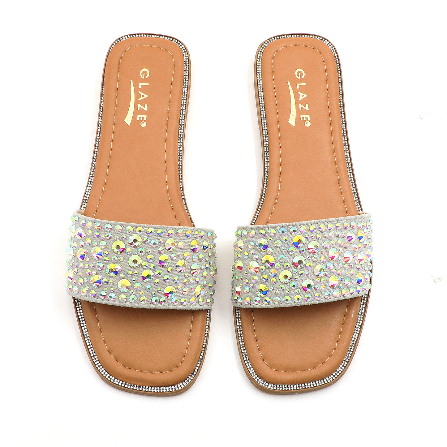 Women's Sparkle Pearl Flat Sandals Fashion Square Open Toe Jeweled Slides Slip on Rhinestone Bling Slippers