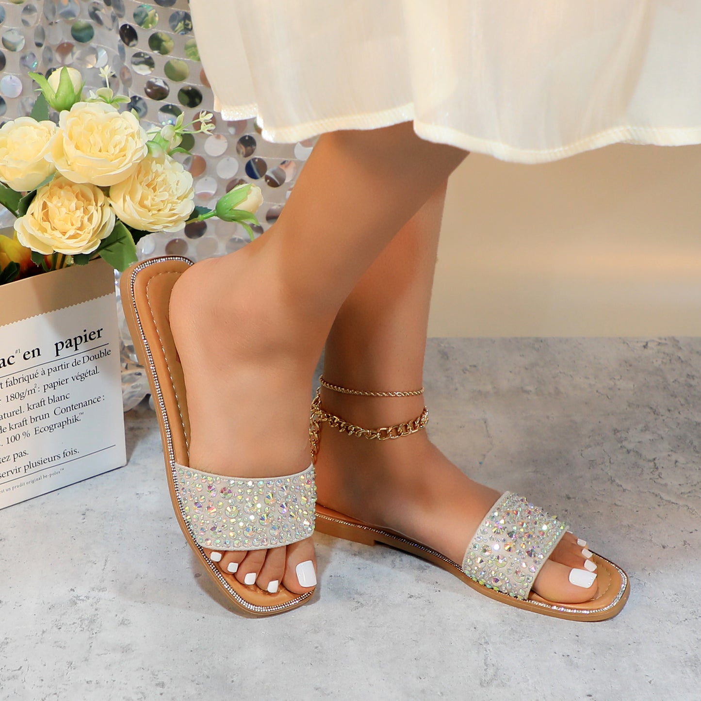 Women's Sparkle Pearl Flat Sandals Fashion Square Open Toe Jeweled Slides Slip on Rhinestone Bling Slippers