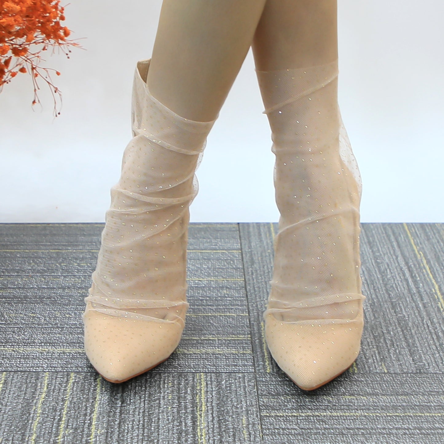 Women See Through Mesh Sexy High Heels Formal Dressy Pump Shoes Pointed Toe Office Kitten Heels