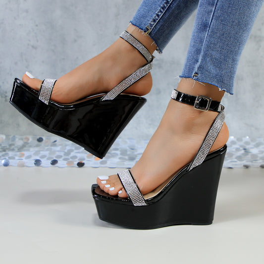 Women's Pure Buckle Wedding Sexy Round Toe Ankle Strap Wedge Heel Platform Sandals